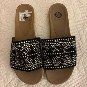 Yellow Box Black Crystal-Stud Slide Mules Size 8